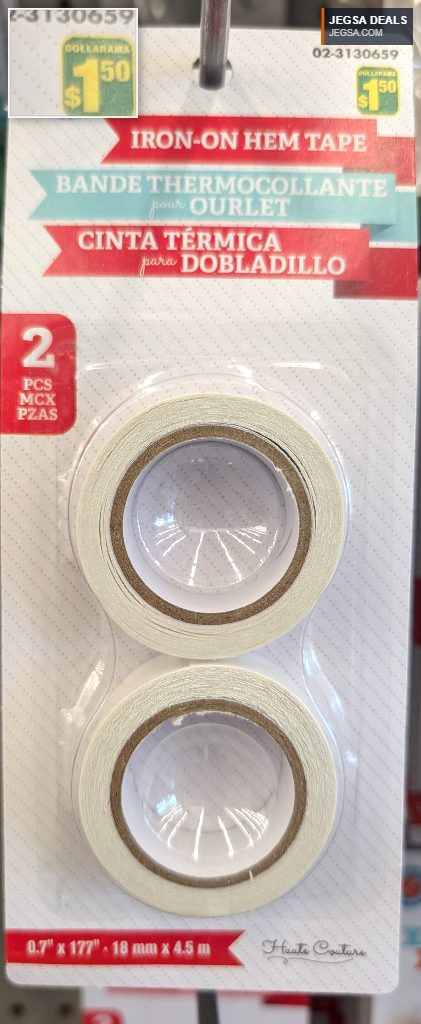 White iron-on hem tape, 2 pieces, for fabric repairs and hemming, from Dollarama, priced at $1.50.