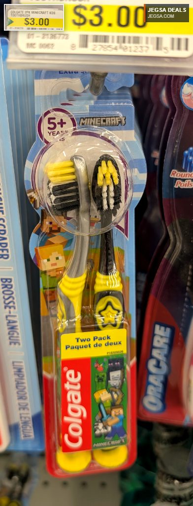 Colgate Minecraft Kids 2-pack toothbrushes with yellow and black bristles, for ages 5+, available at Dollarama for $3.00.