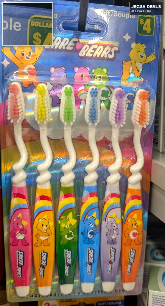 Care Bears value pack toothbrushes for kids, featuring colorful handles and soft bristles, available at Dollarama for $4.