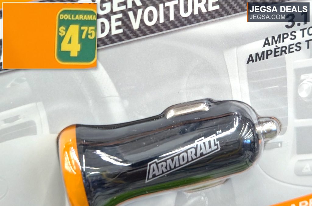 Armor All black and orange car charger with USB-C and USB-A ports from Dollarama, priced at $4.75, for vehicle charging.