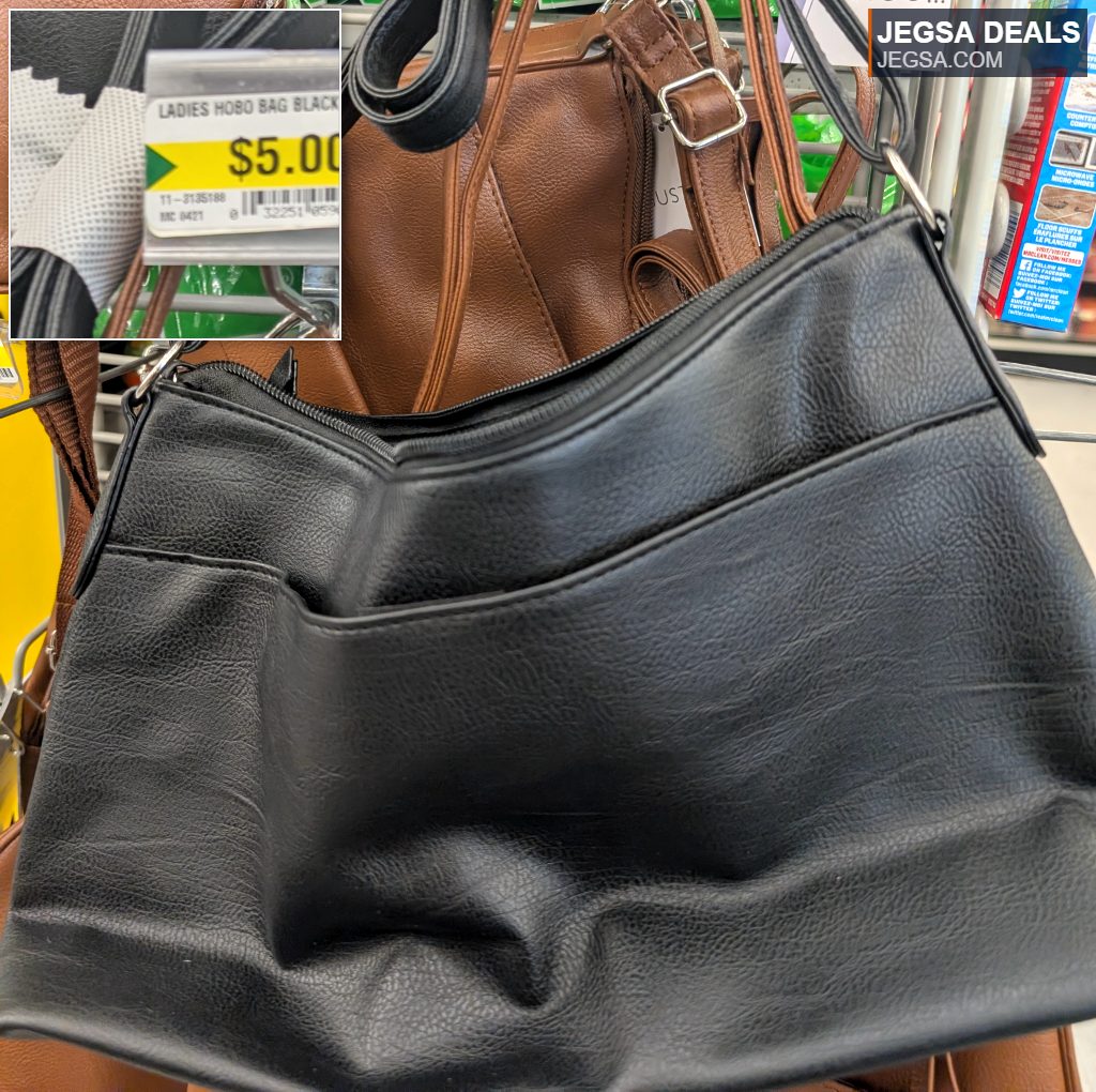 Black faux-leather hobo bag from Dollarama, priced at $5.00. A versatile accessory for daily essentials.