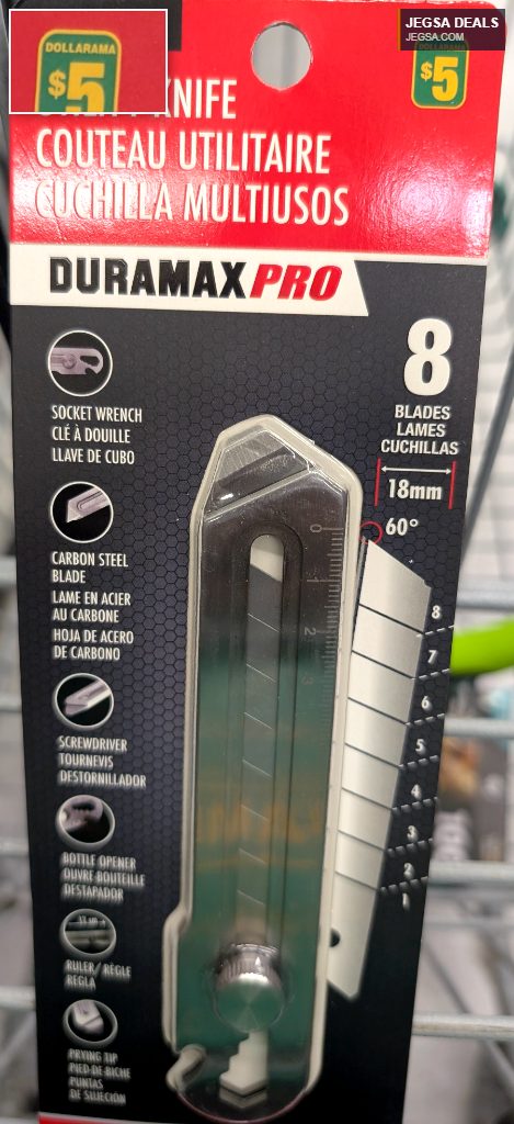 Duramax Pro Utility Knife from Dollarama with carbon steel blade, 8 replacements, and multi-tool features for $5.