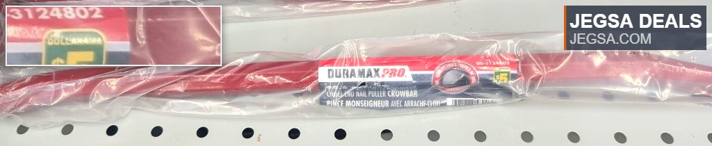 Red DuraMax Pro chisel end nail puller crowbar from Dollarama, $5. Essential tool for home improvement and construction.