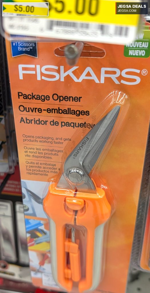 Fiskars orange and grey package opener scissors from Walmart, $5, designed for quick and easy package opening.