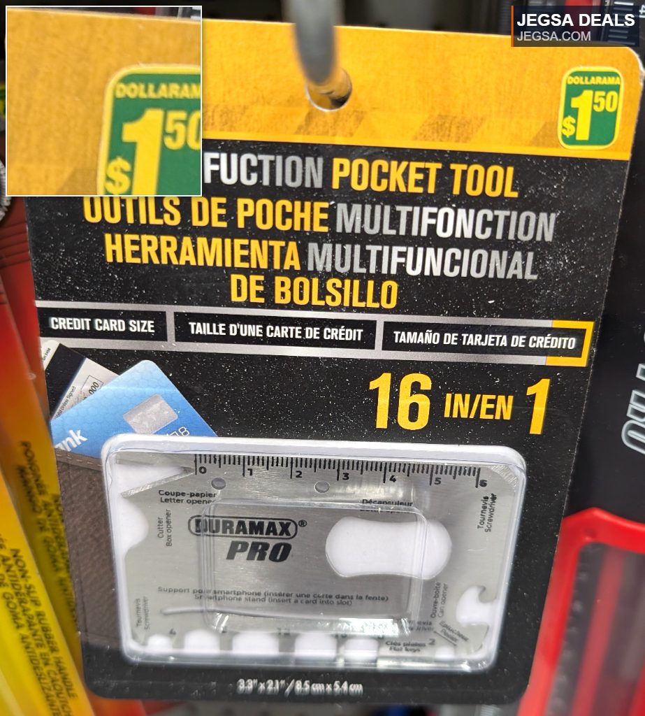 DURAMAX PRO 16-in-1 credit card size multifunction pocket tool, silver metal, from Dollarama for $1.50.