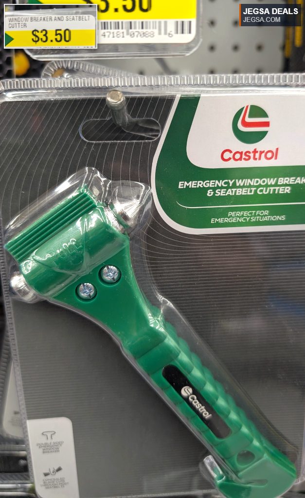 Green Castrol emergency window breaker and seatbelt cutter from Dollarama, priced at $3.50, for automotive safety.
