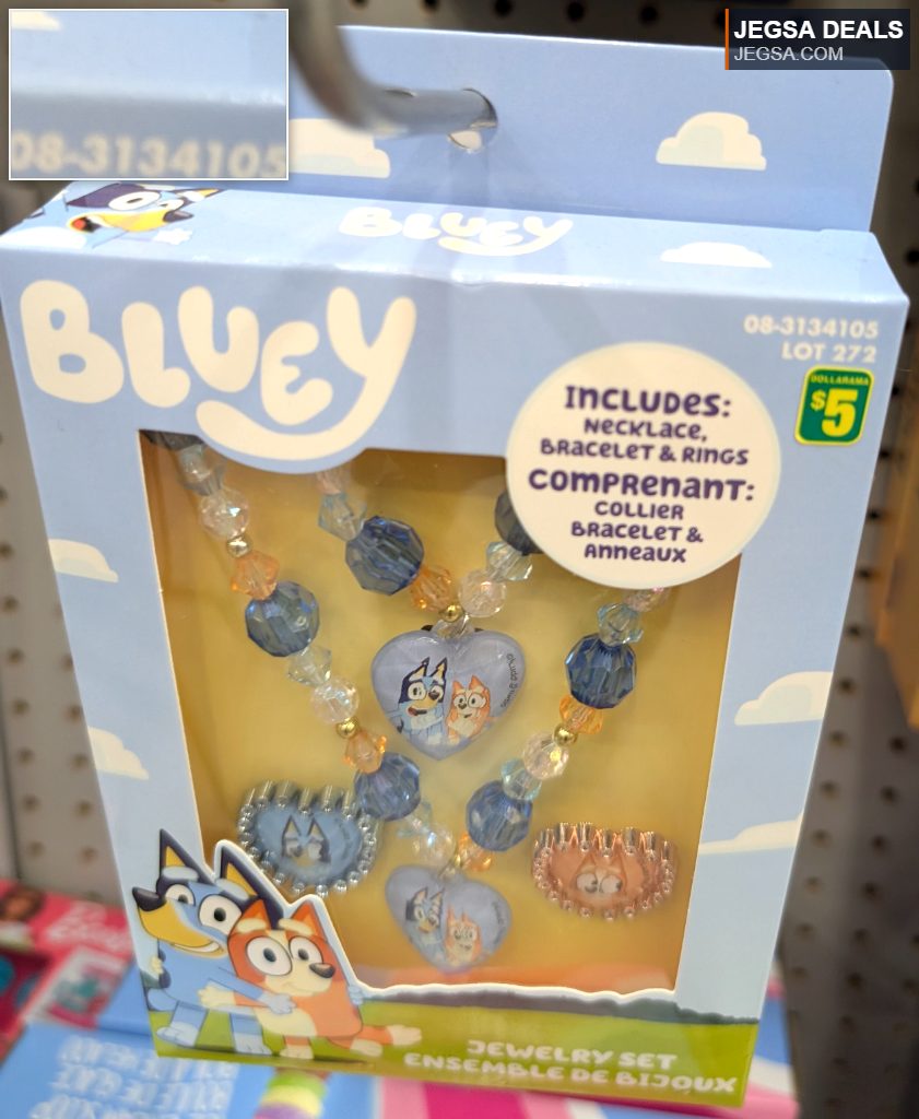 Bluey-themed kids' jewelry set with a necklace, bracelet, and rings, featuring Bluey and Bingo, available at Dollarama for $5.