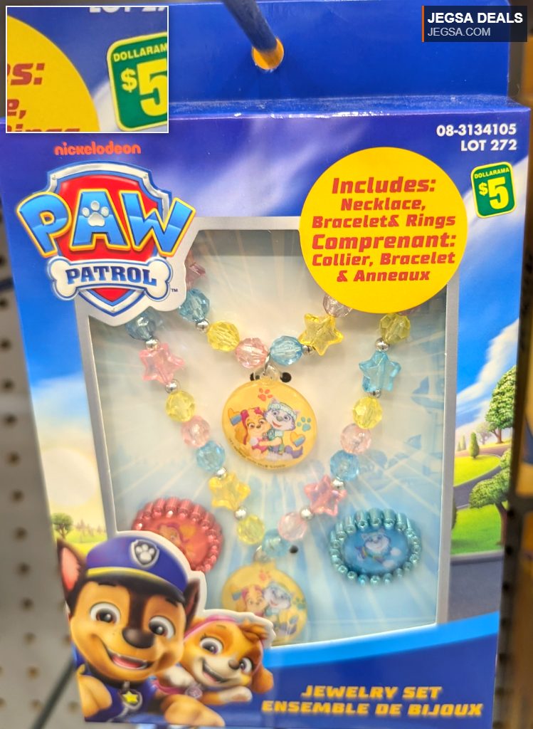 Paw Patrol kids' jewelry set with a colorful beaded necklace, bracelet, and rings, featuring Chase and Skye. From Dollarama, $5.