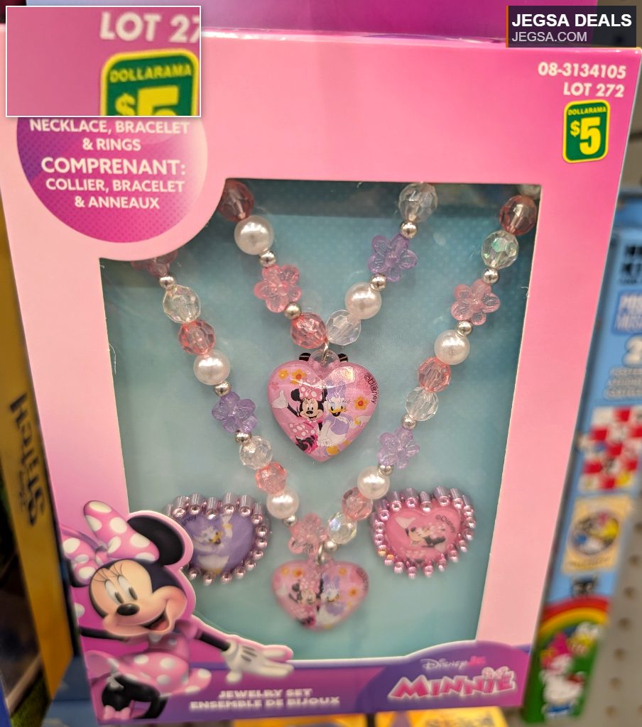 Pink Disney Jr. Minnie Mouse jewelry set with beaded necklace, bracelet, and heart-shaped rings from Dollarama, $5.