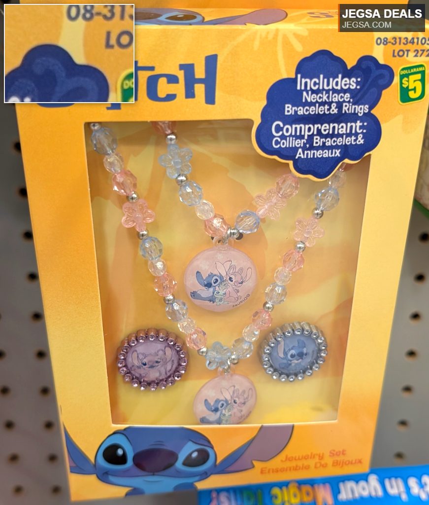 Disney Stitch jewelry set with necklace, bracelet, and rings, featuring pastel beads and character charms, from Dollarama for $5.