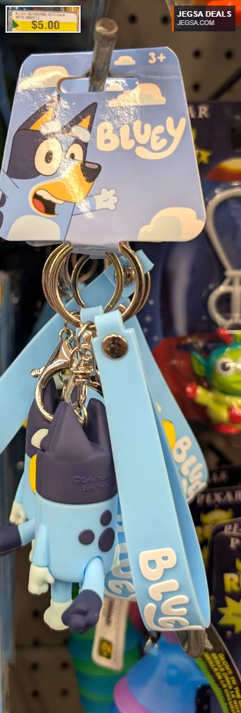 Bluey 3D figural keychain with whistle and light blue silicone wristband from Dollarama, priced at $5.