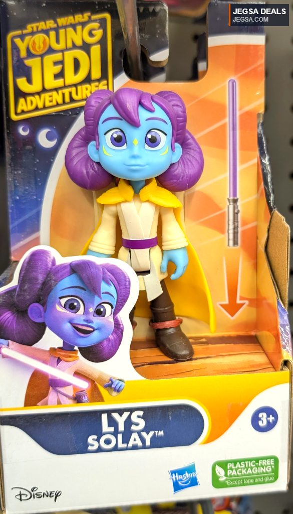 Star Wars Young Jedi Adventures Lys Solay action figure by Hasbro, featuring blue skin, purple hair, and Jedi robes with a lightsaber.