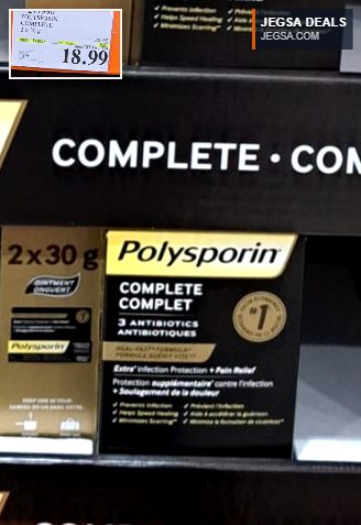 Polysporin Complete 2x30g antibiotic ointment for wound care from Costco, priced at $18.99.