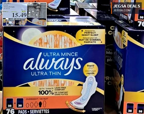 Always Ultra Thin Overnight Pads, pack of 76, from Costco for $15.49, ensuring leak-free night comfort.