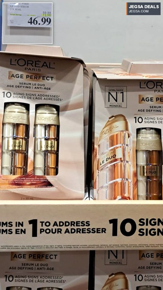 L'Oréal Paris Age Perfect Le Duo anti-aging serum, 2x30mL, in gold and silver packaging from Costco, $46.99.