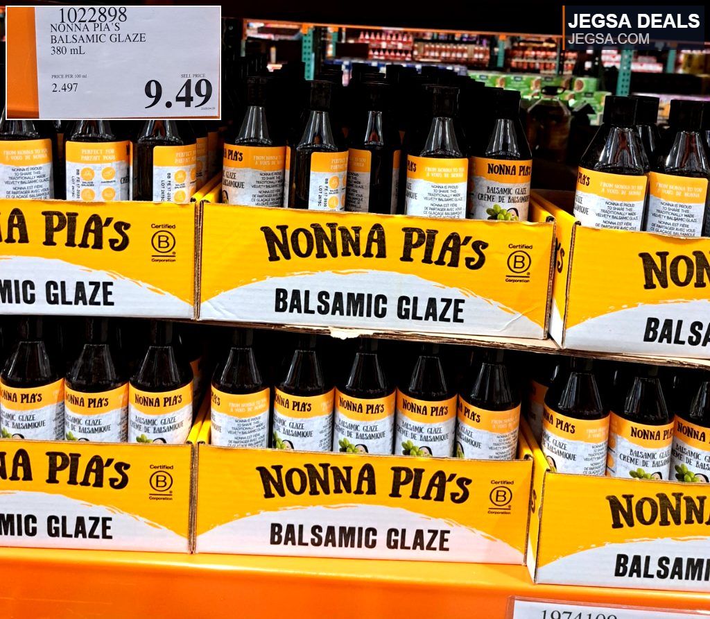 Nonna Pia's Balsamic Glaze, 380 mL bottles, displayed at Costco for $9.49.