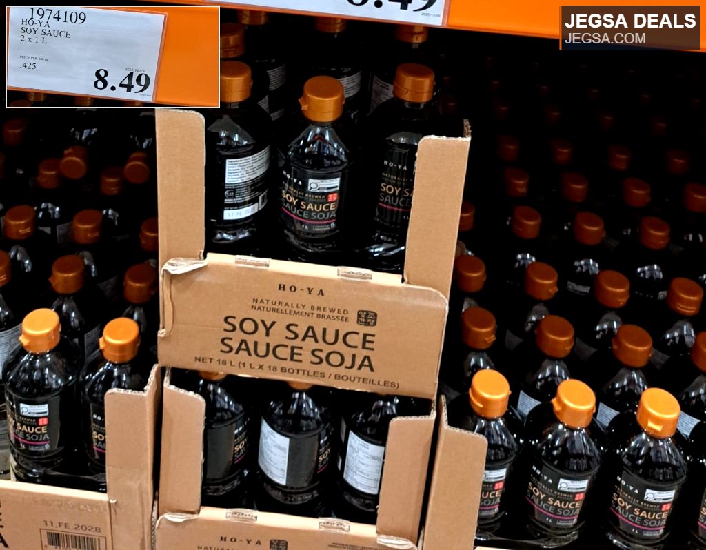 HO-YA Naturally Brewed Soy Sauce 2 x 1 L bottles in a bulk pack from Costco, priced at $8.49.