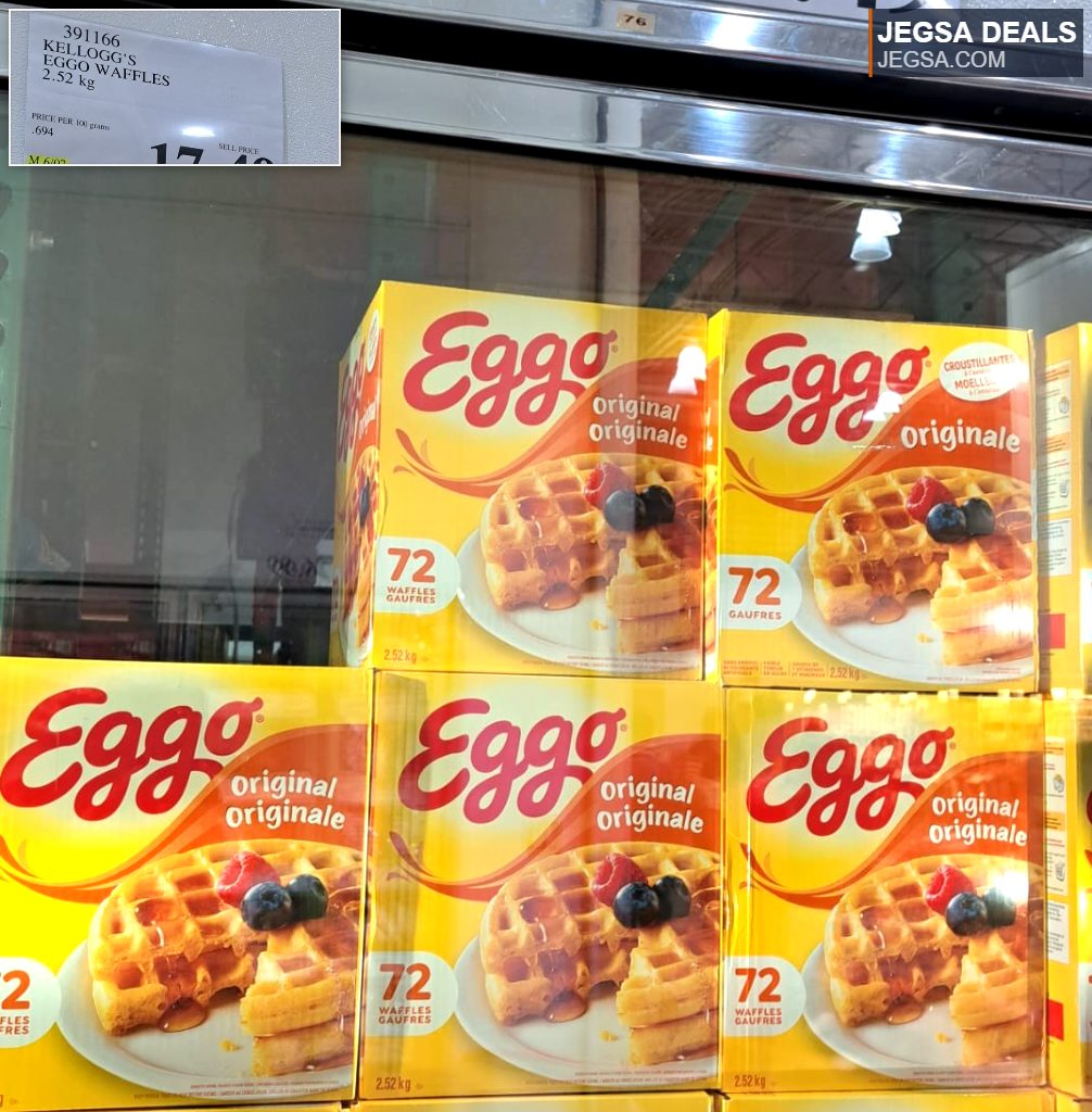 Large box of Kellogg's Eggo Original frozen waffles with 72 pieces, perfect for quick breakfast from Costco.