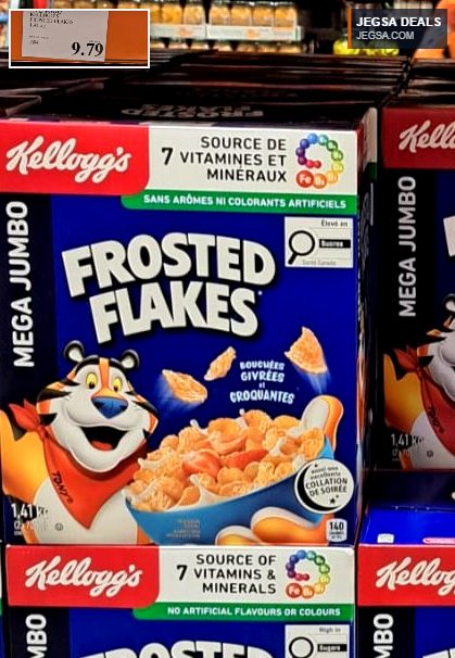 Mega Jumbo Kellogg's Frosted Flakes cereal with Tony the Tiger from Costco, 1.41 kg, priced at $9.79.