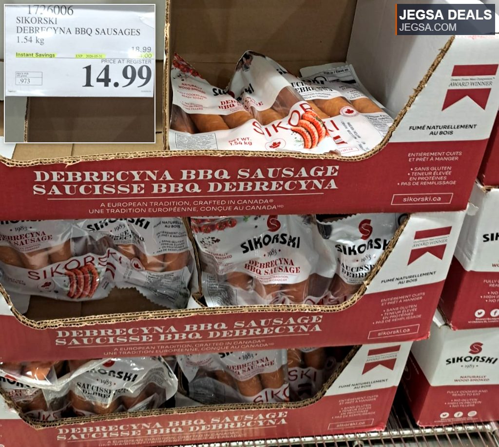 Sikorski Debrecyna BBQ Sausages, 1.54kg, naturally wood-smoked, from Costco for $14.99. Perfect for grilling.