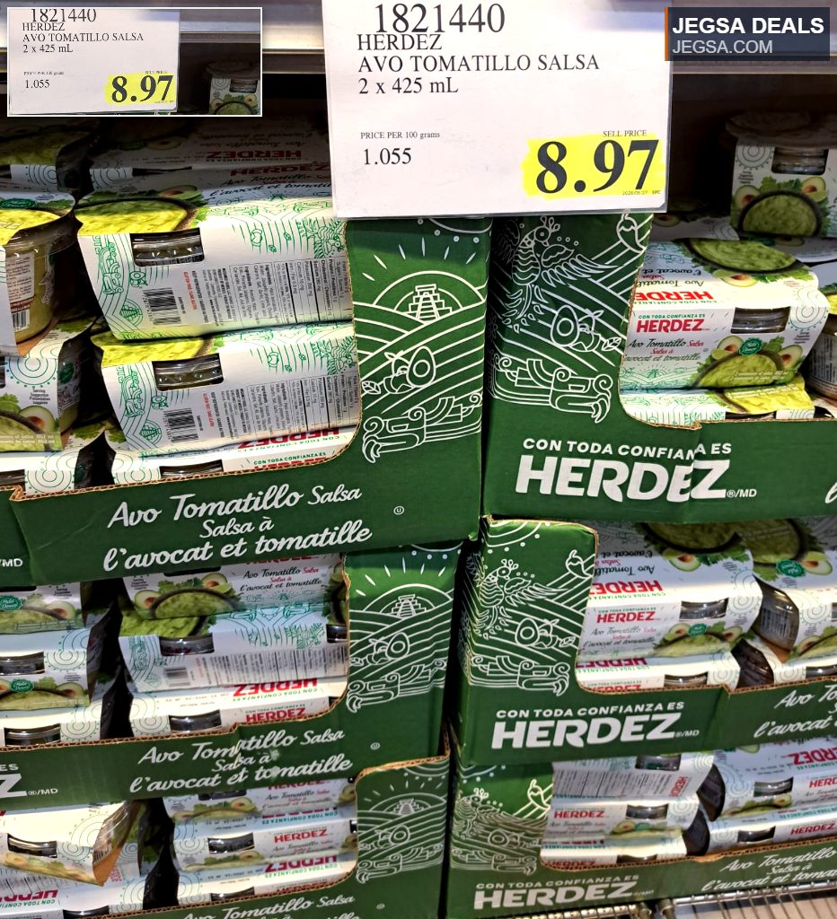 Herdez Avo Tomatillo Salsa in green packaging, a 2-pack of avocado and tomatillo salsa from Costco for $8.97.