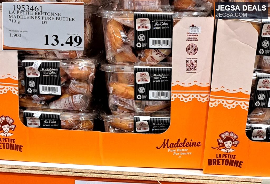 La Petite Bretonne Pure Butter Madeleines (710g) in clear plastic containers, priced $13.49 at Costco.