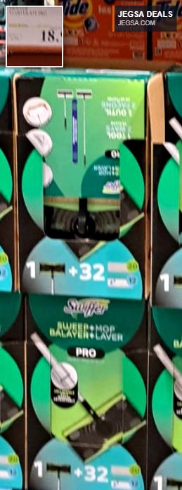 Swiffer Sweeper + Mop Pro starter kit with teal and green packaging for effective floor cleaning, available at Costco for $18.99.