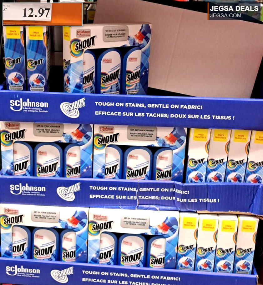 Shout Advanced Gel Brush 3-pack for stain removal, tough on stains, gentle on fabric, at Costco for $12.97.