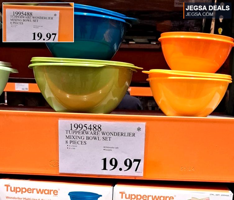Colorful plastic Tupperware Wonderlier 8-piece mixing bowl set from Costco for $19.97, perfect for food prep and storage.
