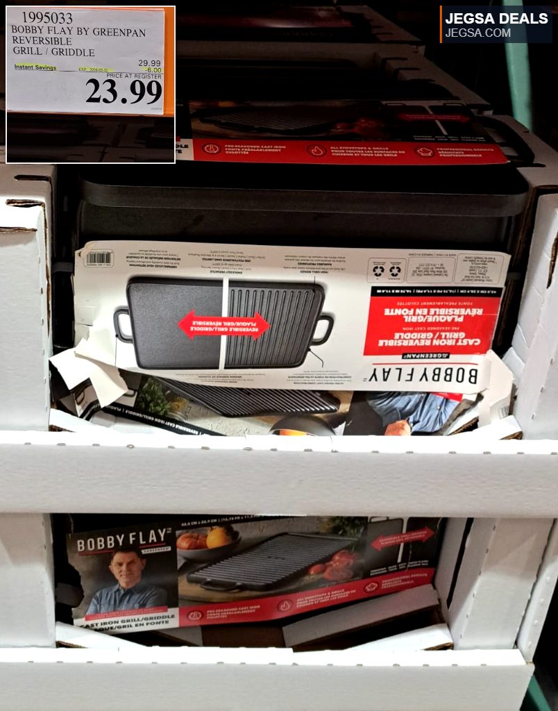 Bobby Flay by GreenPan reversible cast iron grill and griddle from Costco, on sale for $23.99, perfect for stovetop cooking.