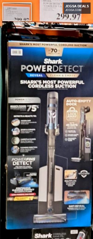 Shark PowerDetect grey cordless vacuum with auto-empty dock, offering powerful suction for home cleaning, available at Costco for $299.97.