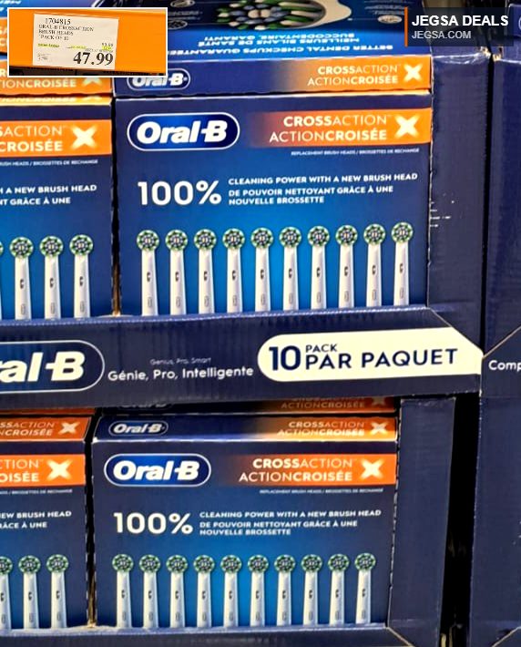 Oral-B Crossaction electric toothbrush replacement heads, pack of 10, from Costco for a thorough clean.