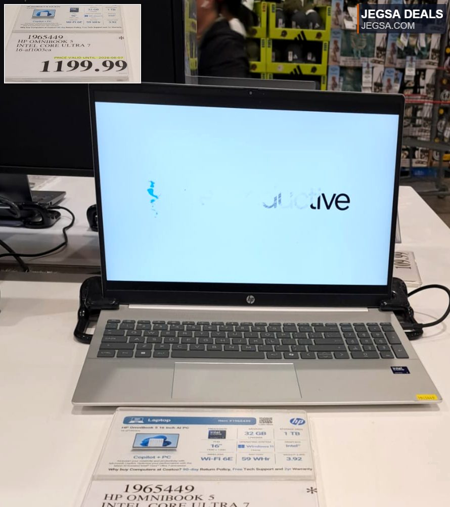 Silver HP OMNIBOOK 5 laptop with a 16-inch screen, Intel Core Ultra 7 processor, 32GB RAM, and 1TB storage, priced at $1199.99 at Costco.