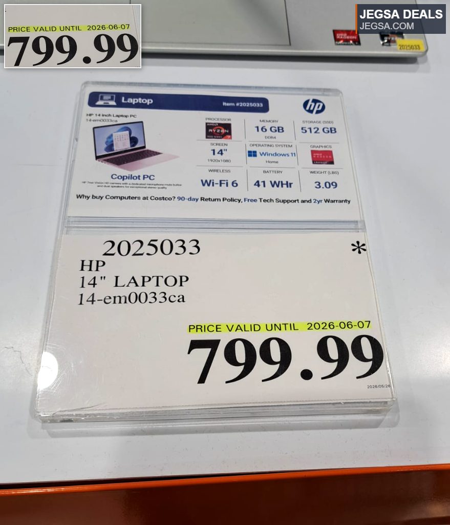 HP 14-inch laptop with AMD Ryzen, 16GB RAM, 512GB SSD, Windows 11, available at Costco for $799.99.