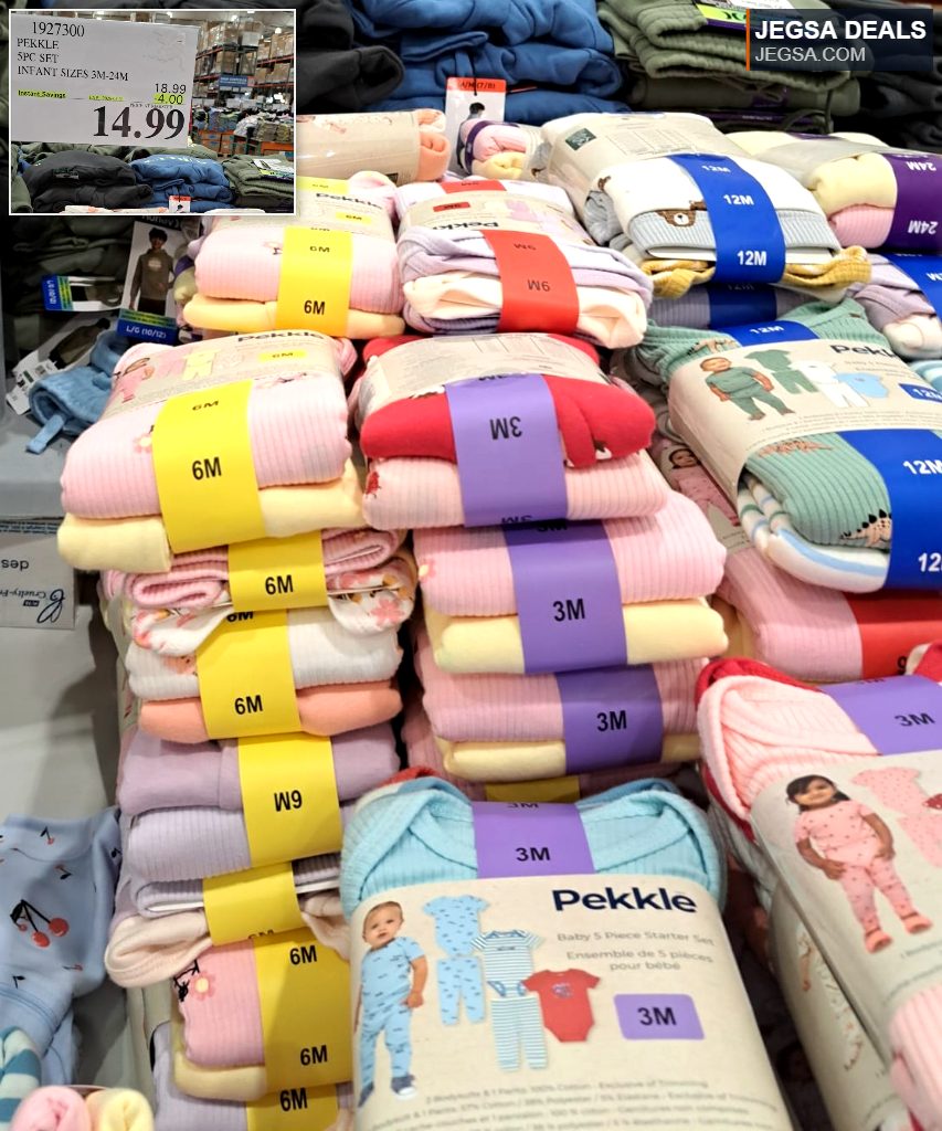 Colorful Pekkle 5-piece infant clothing set from Costco for babies 3-24 months, on sale for $14.99.