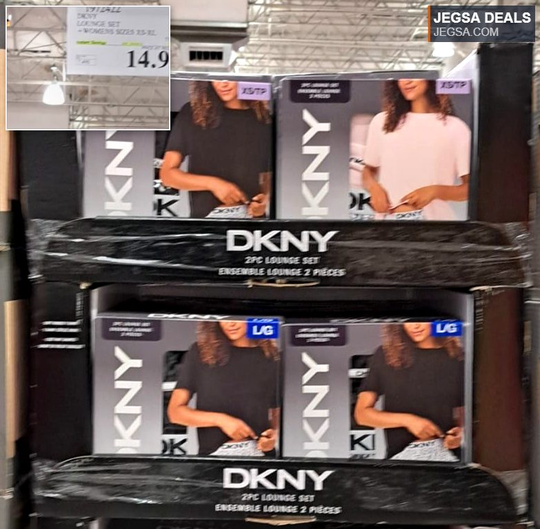 DKNY Women's 2-piece lounge set in black and pink, available in various sizes at Costco for $14.99.