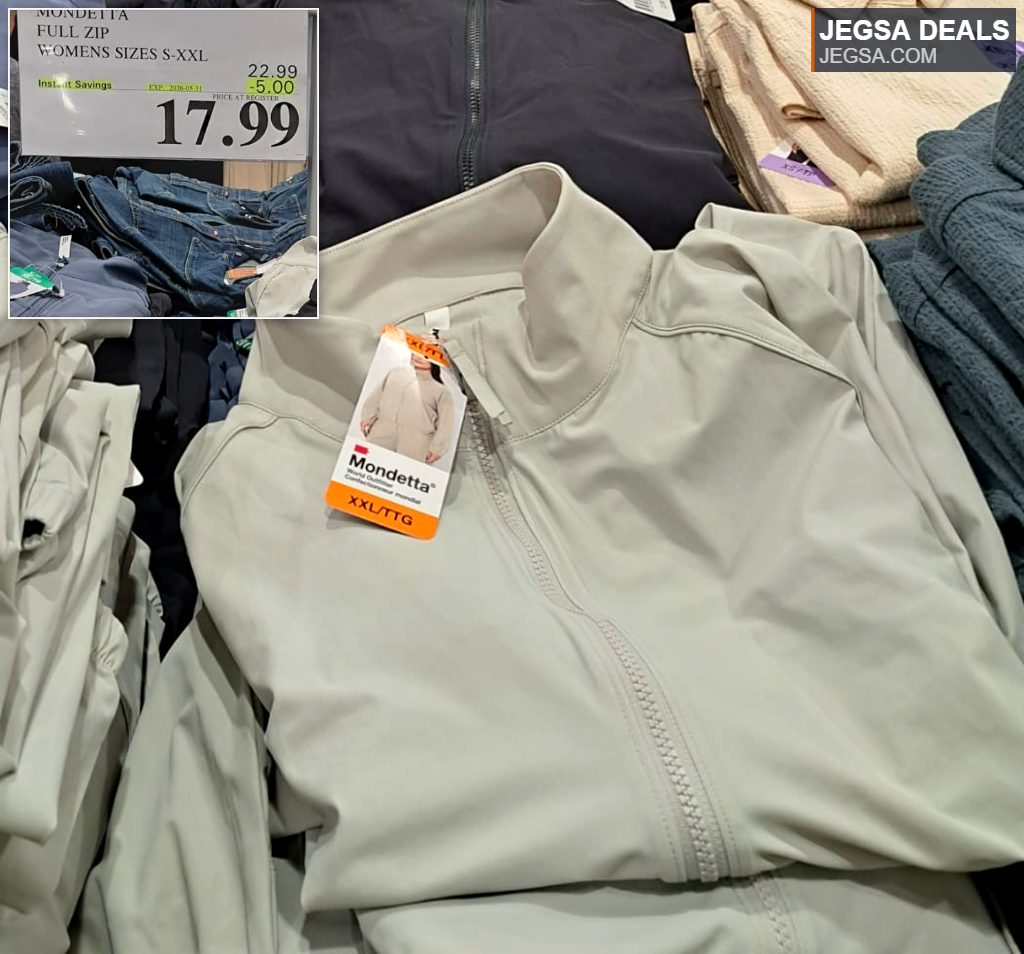 Light grey Mondetta full zip jacket for women from Costco, priced at $17.99.