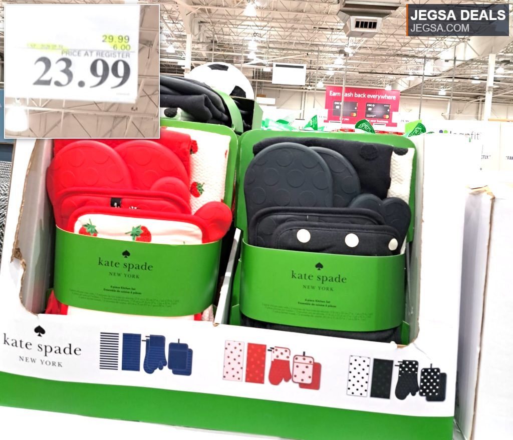 Kate Spade New York 4-piece kitchen sets featuring oven mitts, pot holders, and kitchen towels in red strawberry and black polka dot patterns, sold at Costco for $23.99.