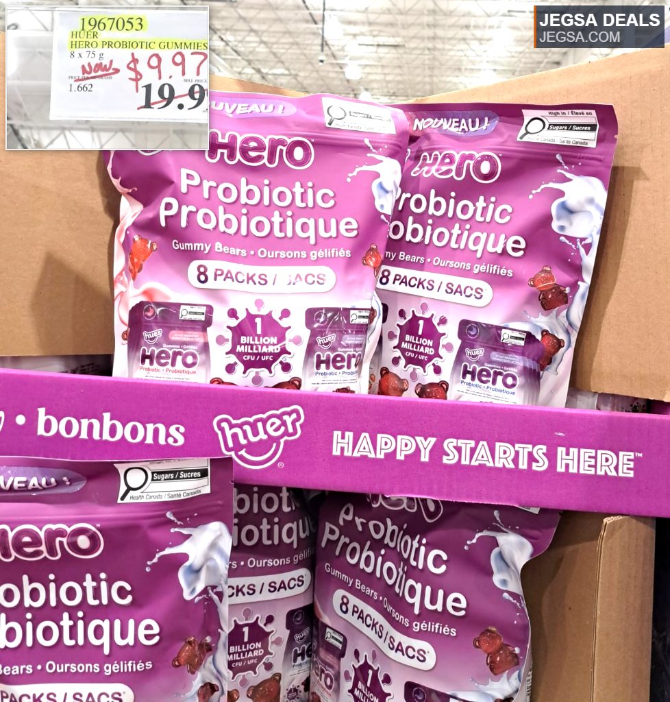 Huer Hero Probiotic Gummy Bears 8-pack, a digestive health supplement, available at Costco for $9.97.