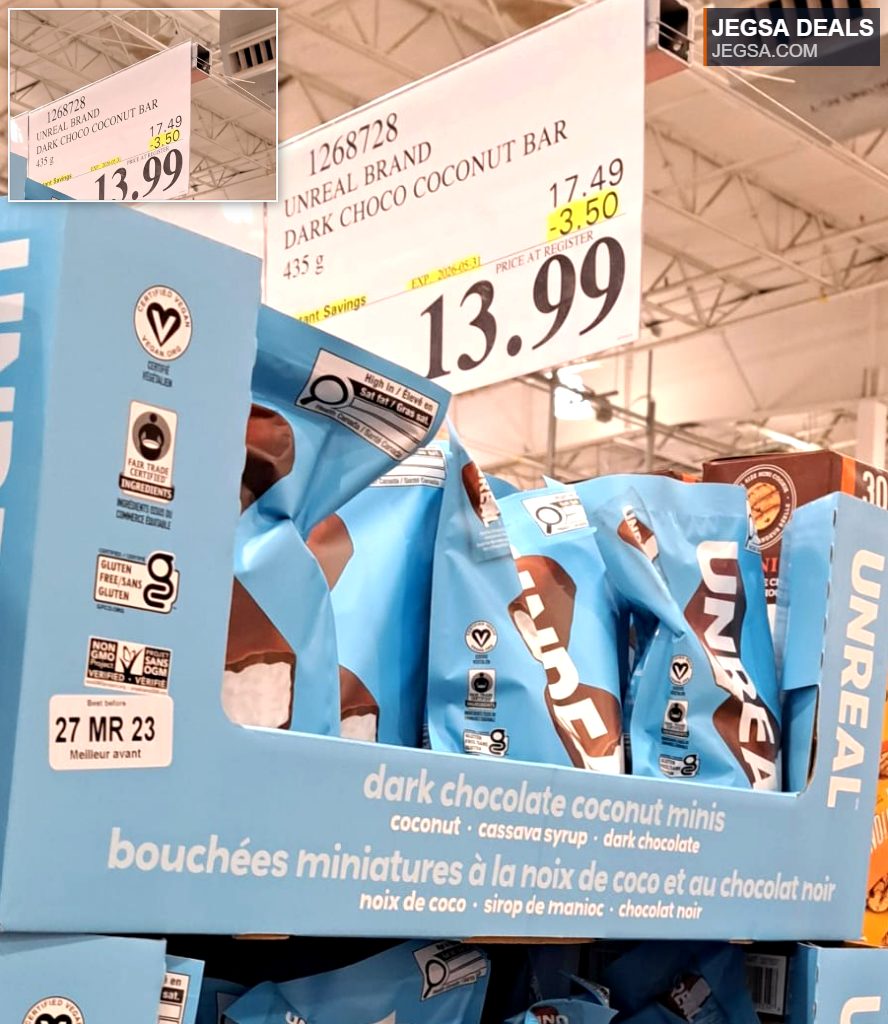 Unreal Dark Choco Coconut Bar, 435g package of delicious dark chocolate minis with real coconut, available at Costco for $13.99.
