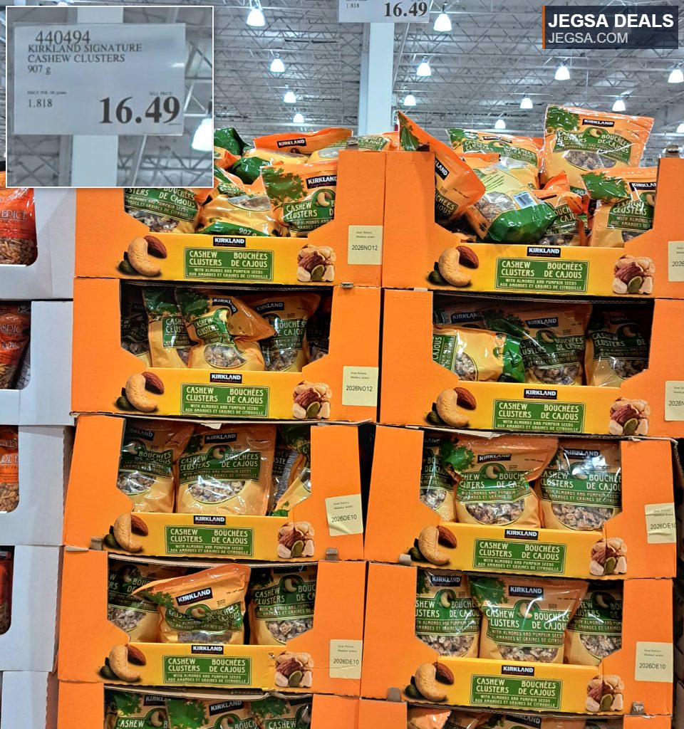 Kirkland Signature Cashew Clusters with almonds & pumpkin seeds, 907g, from Costco, priced at $16.49.