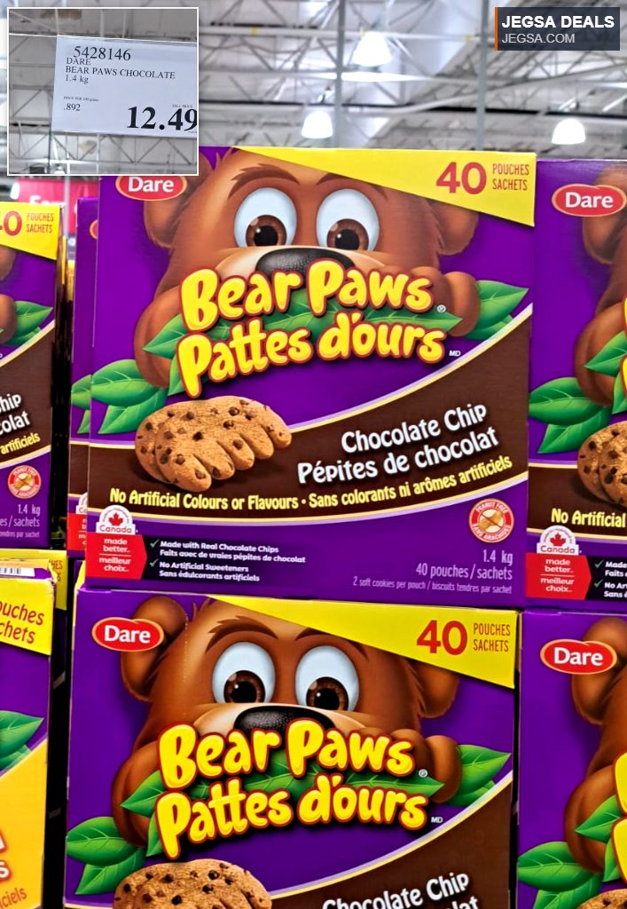 Dare Bear Paws Chocolate Chip cookies, 1.4kg box with 40 pouches, ideal for snacks and lunchboxes from Costco.