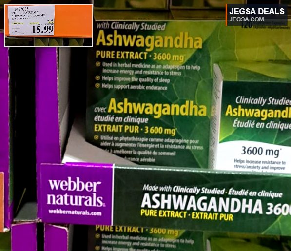 Webber Naturals Ashwagandha 3600mg 120 capsules, a natural adaptogen for stress relief and improved sleep, available at Costco.