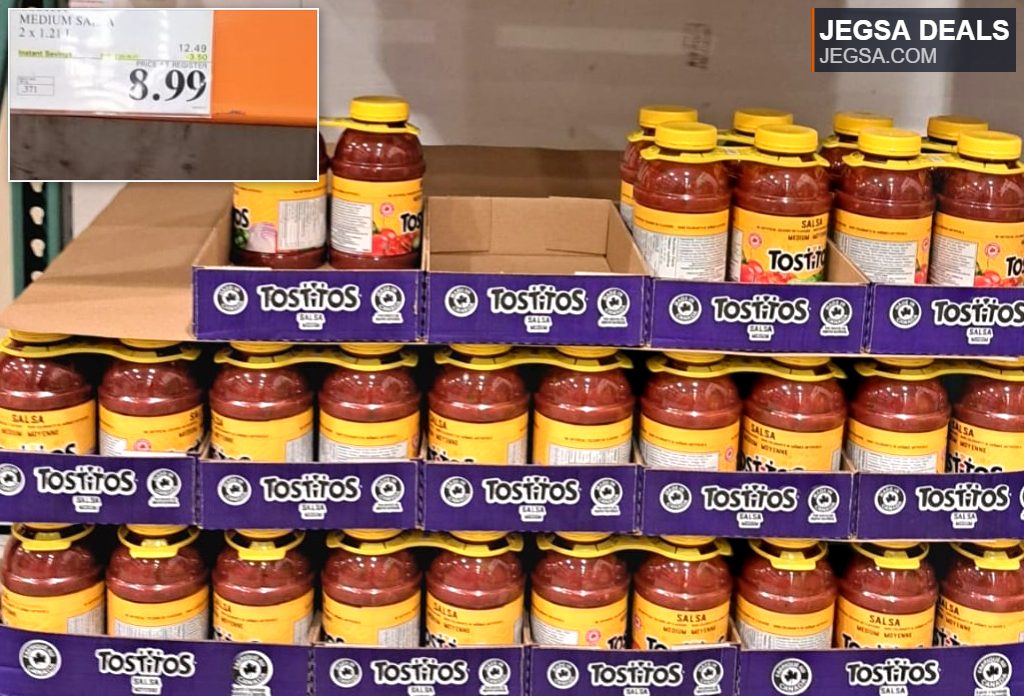 Two-pack of Tostitos Medium Salsa in large jars, a versatile condiment for snacks and meals, available at Costco for $8.99.