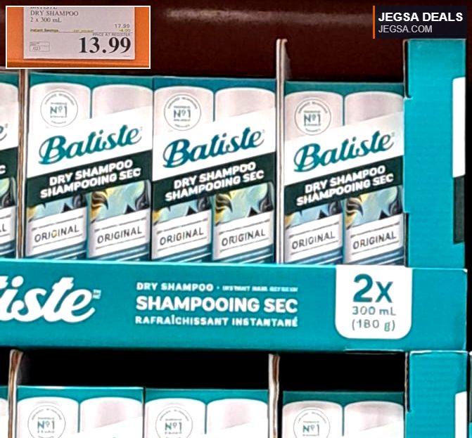 Batiste Original Dry Shampoo 2x300mL pack for $13.99 from Costco, offering instant hair refresh.