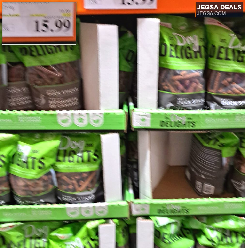 Dog Delights Duck Sticks in green and black packaging, a bulk supply of pet treats for dogs.
