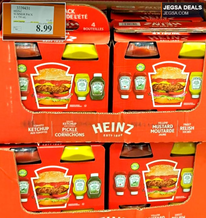 Heinz Summer Pack 4x750mL with ketchup, mustard, relish, and pickles, ideal for barbecues, from Costco for $8.99.