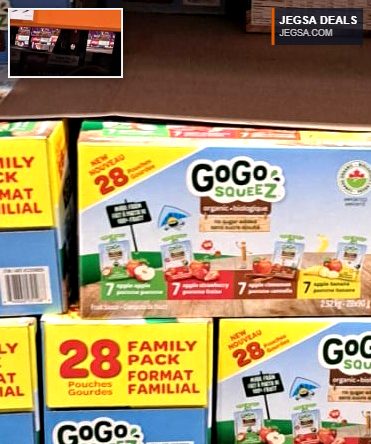 GoGo squeeZ organic apple strawberry and banana fruit puree variety pack, 28-count, from Costco, $14.99.