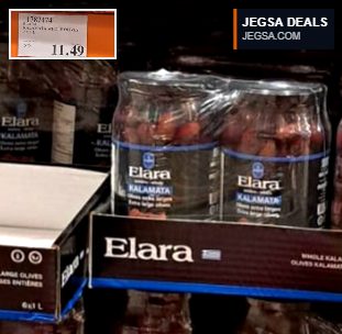 Elara Kalamata whole olives 2x1L jars from Costco, perfect for snacks or party platters.