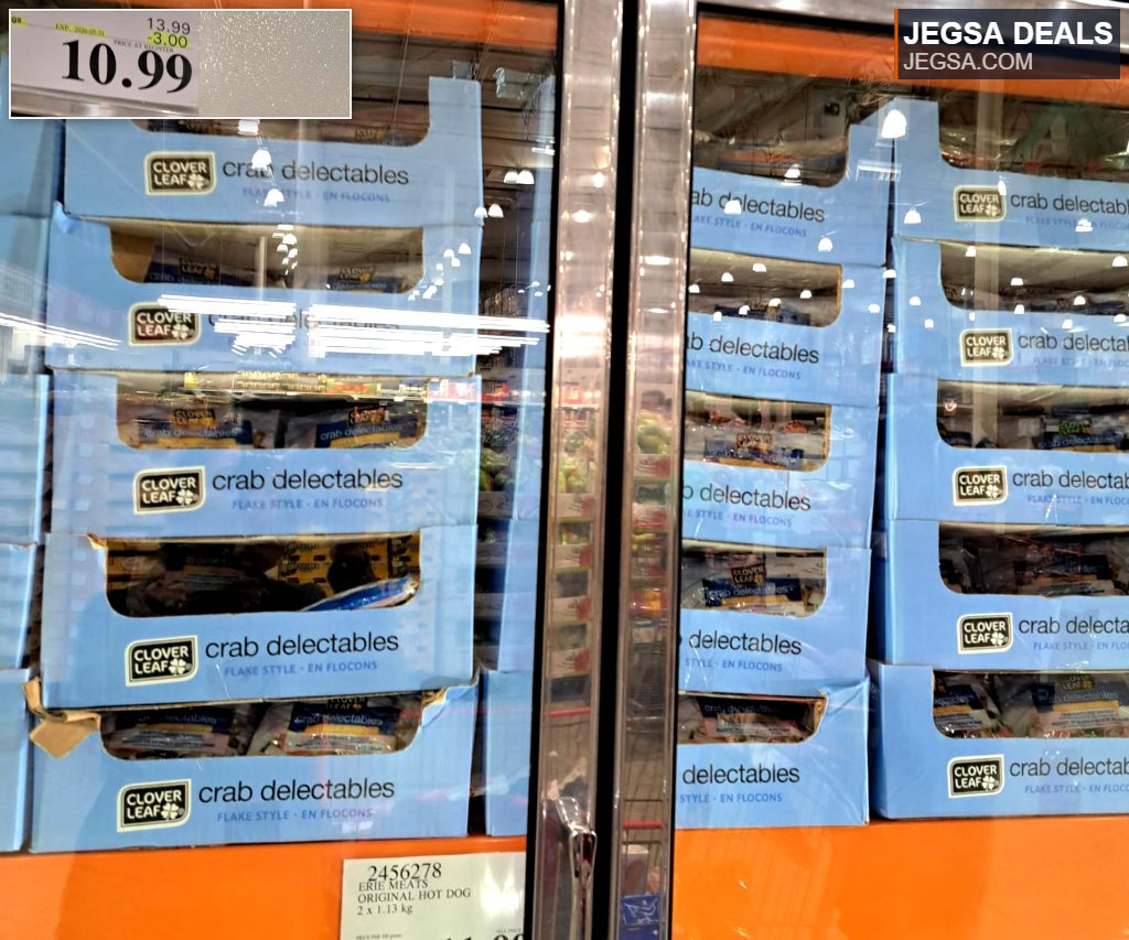 Clover Leaf Flake Style Crab Delectables in blue packaging from Costco, priced at $10.99 per 1.2 kg package.